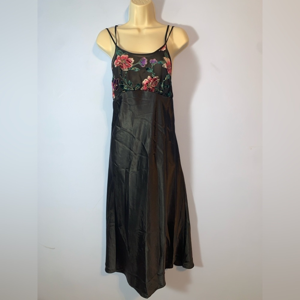 Secret Treasures Black Satin Slip Dress with velvet burnout sheer bust size L